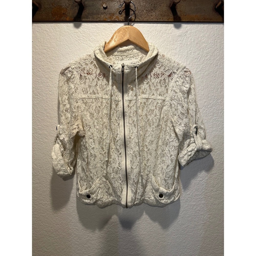American Rag Womens XL Ivory Floral Lace Zip Up Bomber Jacket Short Sleeve Cream - Picture 2 of 15